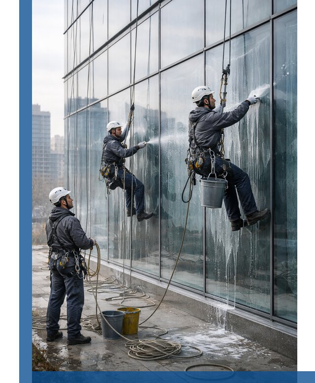 Промышленная мойка панорамных окон на высоте в Щёлкове