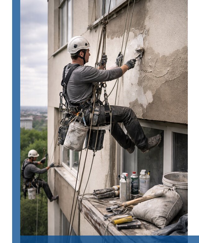 Косметический ремонт фасада зданий в Щёлкове промышленными альпинистами