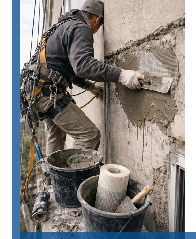 Ремонт бетонных элементов фасада промышленными альпинистами в Щёлкове