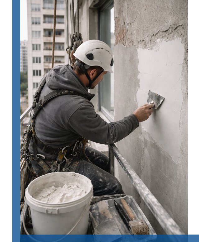 Шпаклевка фасадов на высоте с промальпинистами в Щёлкове