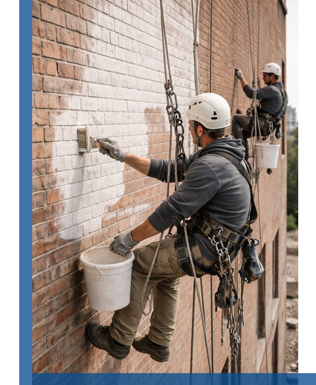 Покраска кирпичного фасада с доступным альпинистским сервисом в Щёлкове