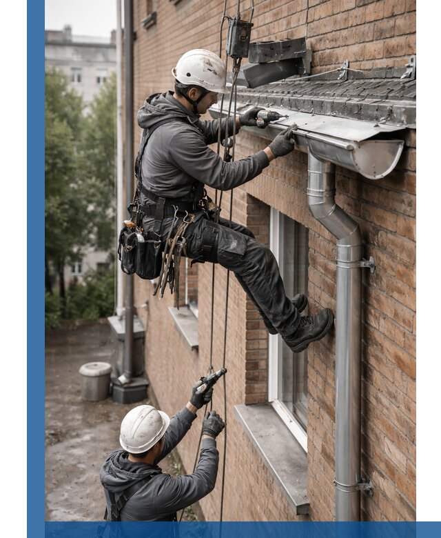 Монтаж водосточной системы на здании в Щёлкове под ключ