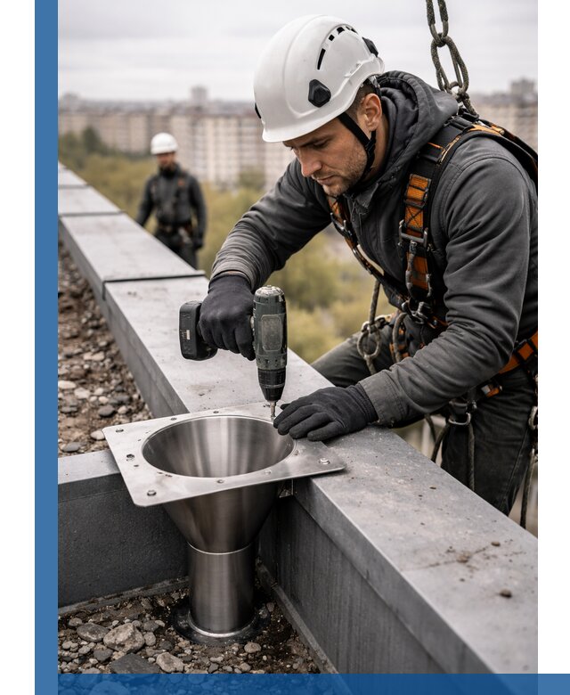 Монтаж водосточных воронок в Щёлкове для промышленных зданий