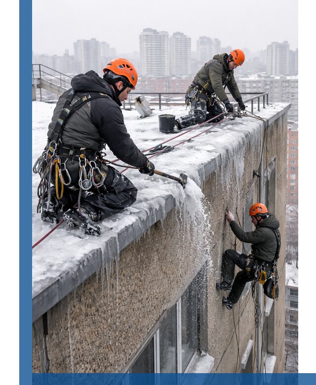 Удаление наледи с кровли в Щёлкове промышленными альпинистами