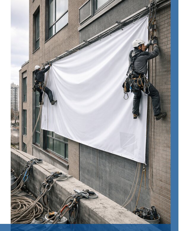 Монтаж баннеров на фасаде в Щёлкове от 676 р. заказать ВЫСОТНИК-Щлк