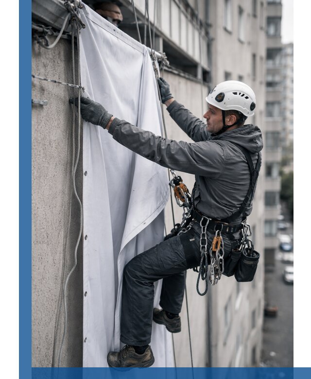 Замена баннерного полотна промышленными альпинистами в Щёлкове