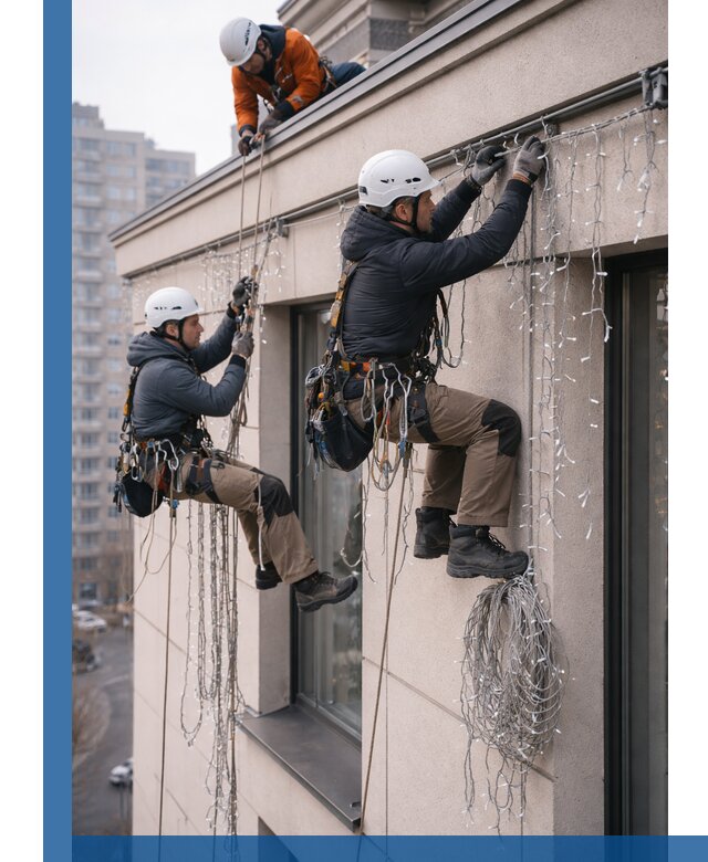 Монтаж праздничных гирлянд на фасаде в Щёлкове для зданий