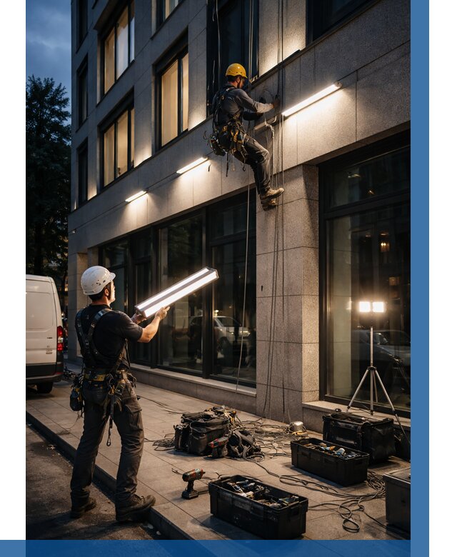 Монтаж архитектурной подсветки здания в Щёлкове от 2601 р.|ВЫСОТНИК-Щлк