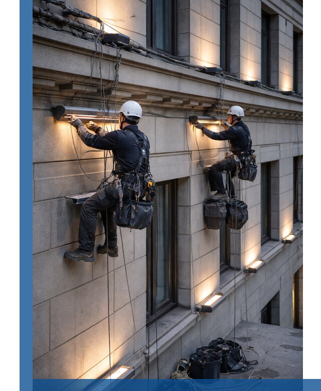 Монтаж архитектурной подсветки фасадов зданий в Щёлкове