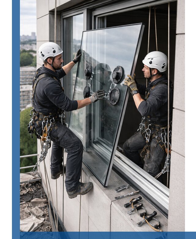 Замена стеклопакетов на высоте с промышленными альпинистами в Щёлкове