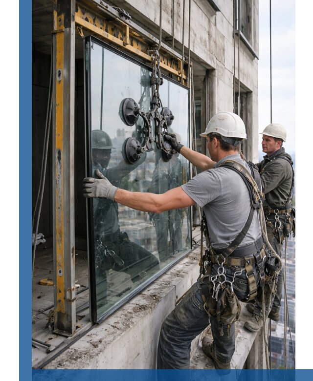 Монтаж стеклопакетов на высоте в Щёлкове с промышленным альпинизмом