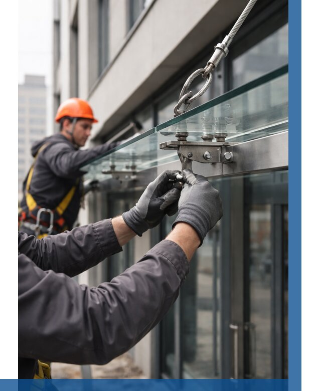 Монтаж стеклянных козырьков в Щёлкове от 8843 р. | ВЫСОТНИК-Щлк