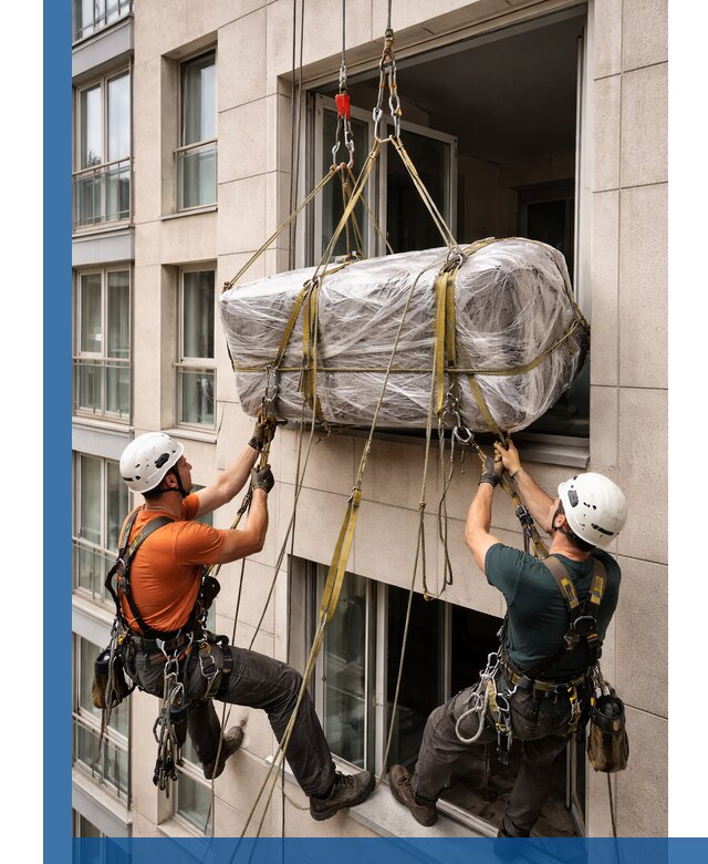 Подъем грузов через окно в Щёлкове промышленными альпинистами