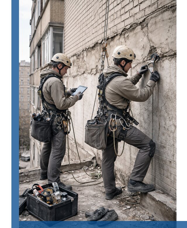 Обследование фасада промышленными альпинистами в Щёлкове